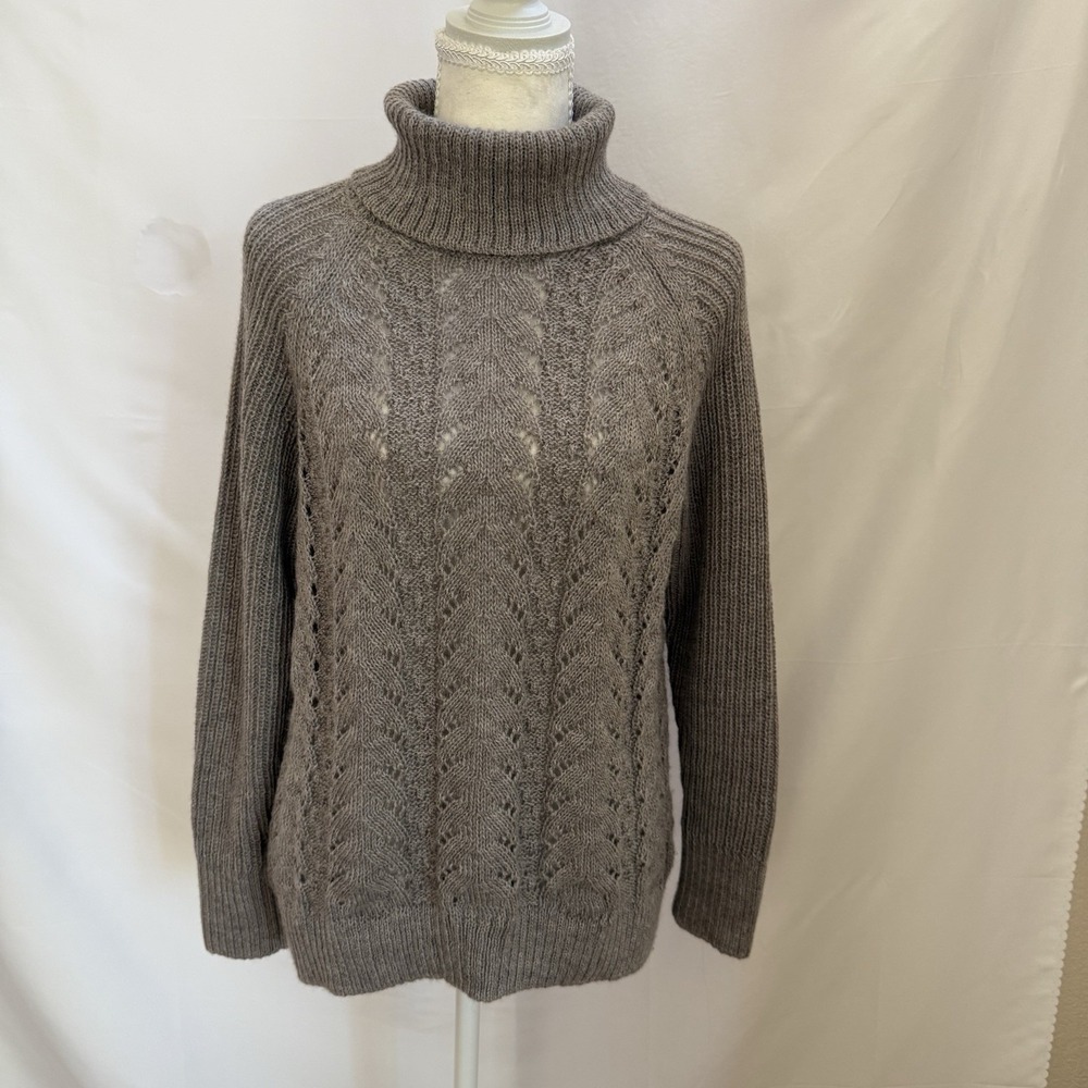 Garnet‎ Hill 100% Baby Alpaca Open Knit Turtleneck Sweater Womens M Medium Beige